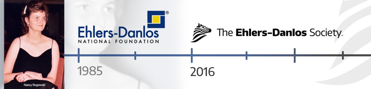 Nancy Rogoski is shown to the left. A timeline is shown. From 1985 - 2016 the timeline details Ehlers-Danlos National Foundation. From 2916 to the present day, the timeline details The Ehlers-Danlos Society.